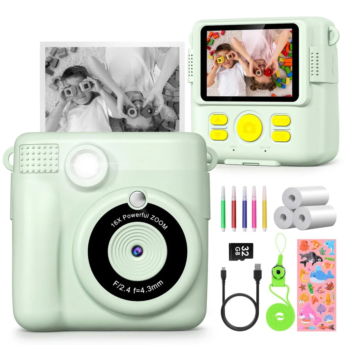 Instant Kids Camera with 2.4â€?Screen, 1080P, 32GB & Printing Paper