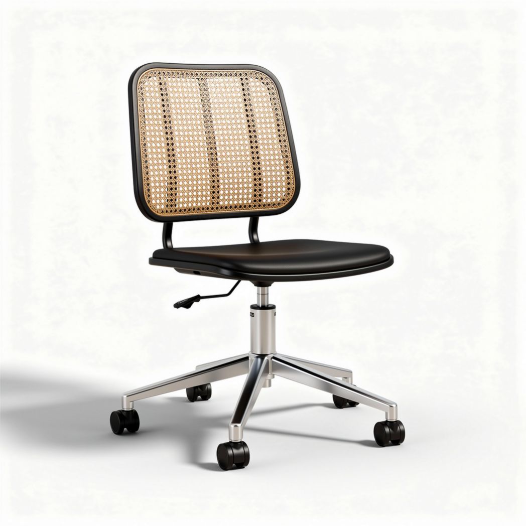 Office chair with a woven rattan backrest and a black seat - 45 x 50 x 85cm