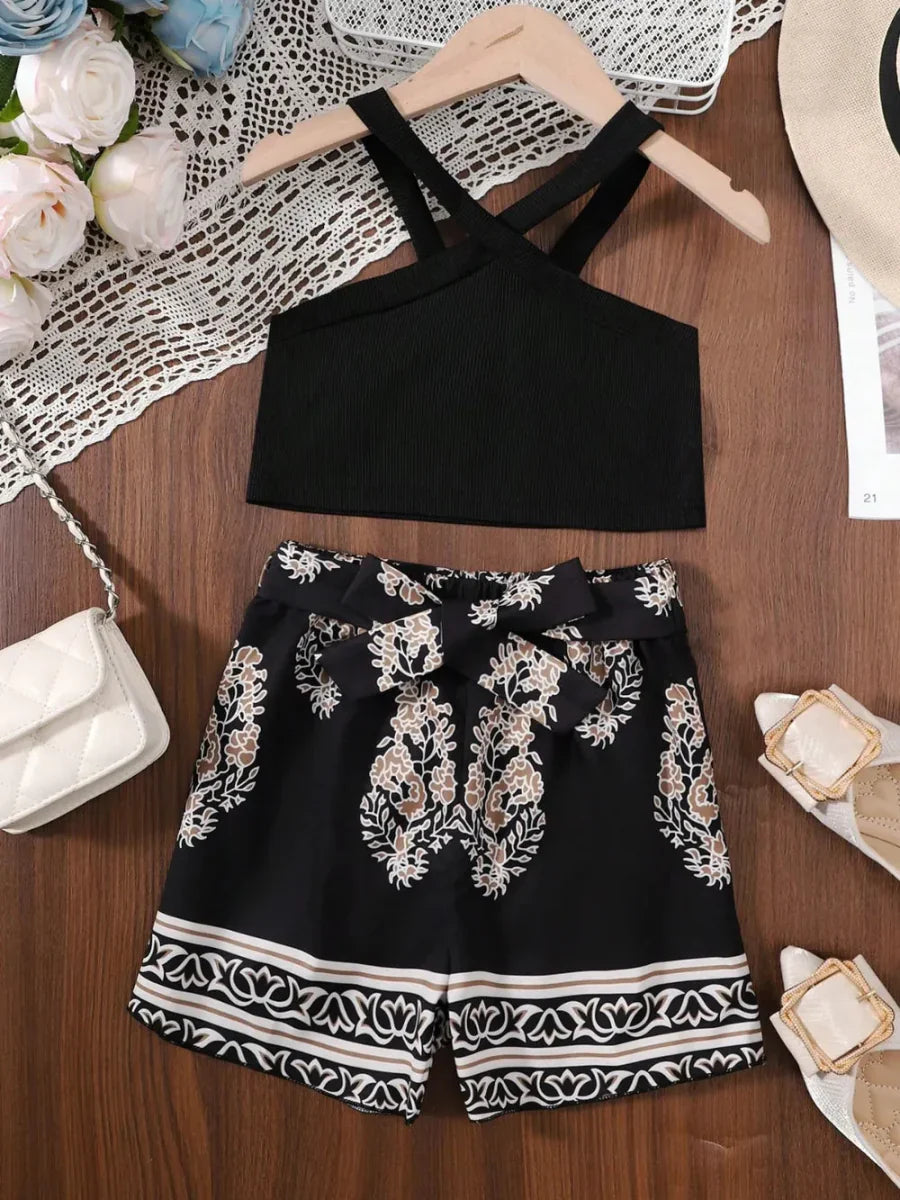 Girls Two-Piece Outfit Set with Tied Top and Pants â€?Ages 8-12