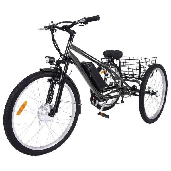 26 Inch Adult 3 Wheel Electric Tricycle with Basket, Fat Tires,7 Speeds,350W Powerful Motor, 36V 10Ah Removable Battery â€?Dark Gray